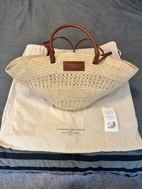 Sezane NWOT Justine Woven Raffia Tote Bag with Brown Leather Handles & Accents